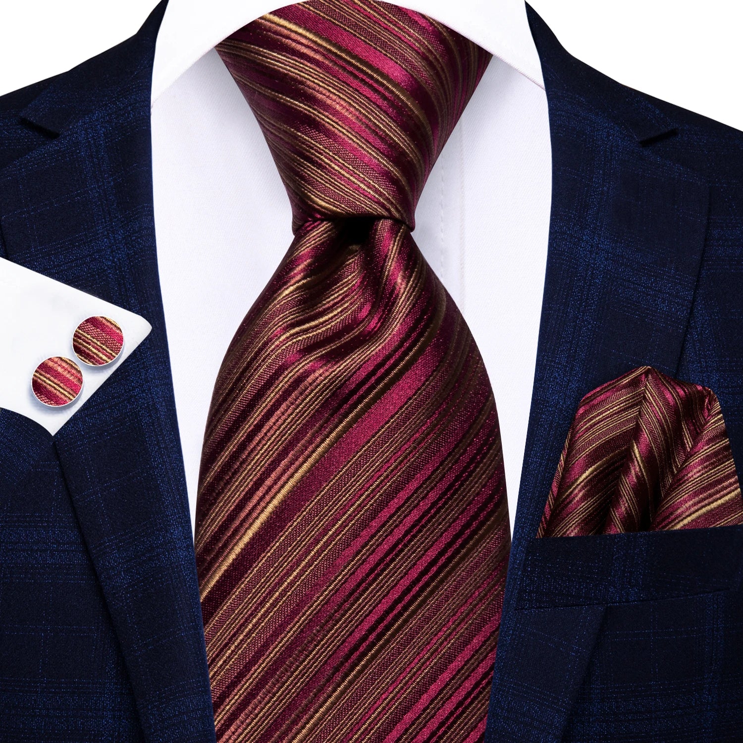 Hi-Tie Burgundy Blue Striped Men Elegant Necktie Handkerchief Cufflinks 3PCS Set Fashion Classic Silk Luxury Tie for Man Qme N-3940
