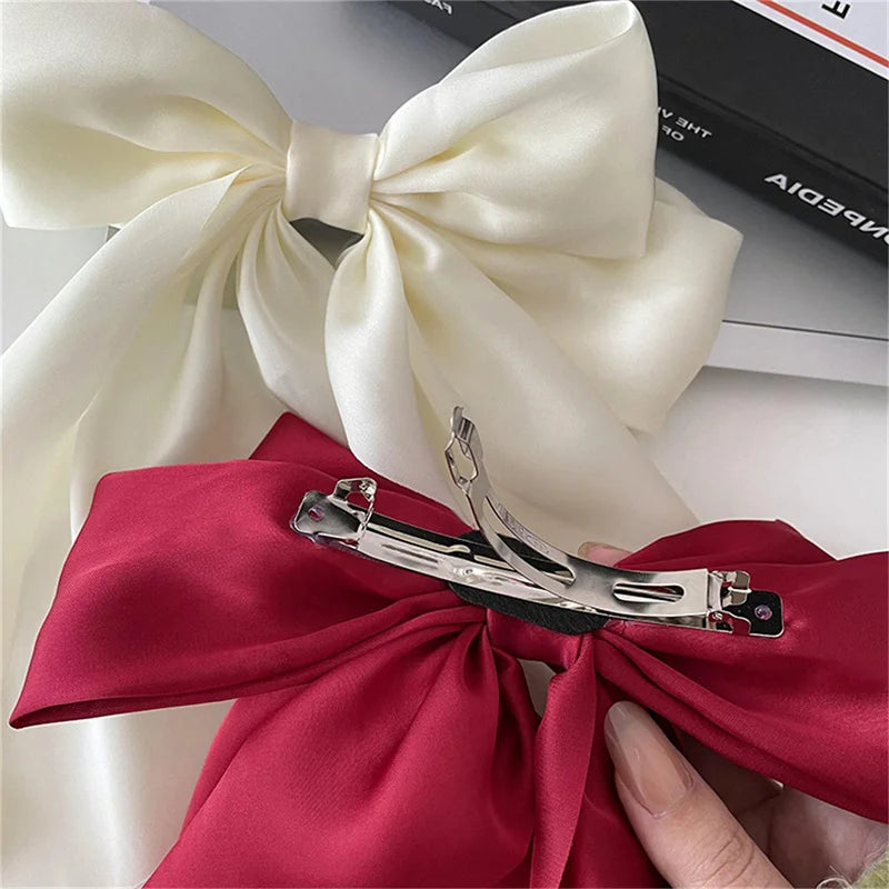Elegant Bow Ribbon Hair Clip Fashion Simple Solid Satin Spring Pin Qme