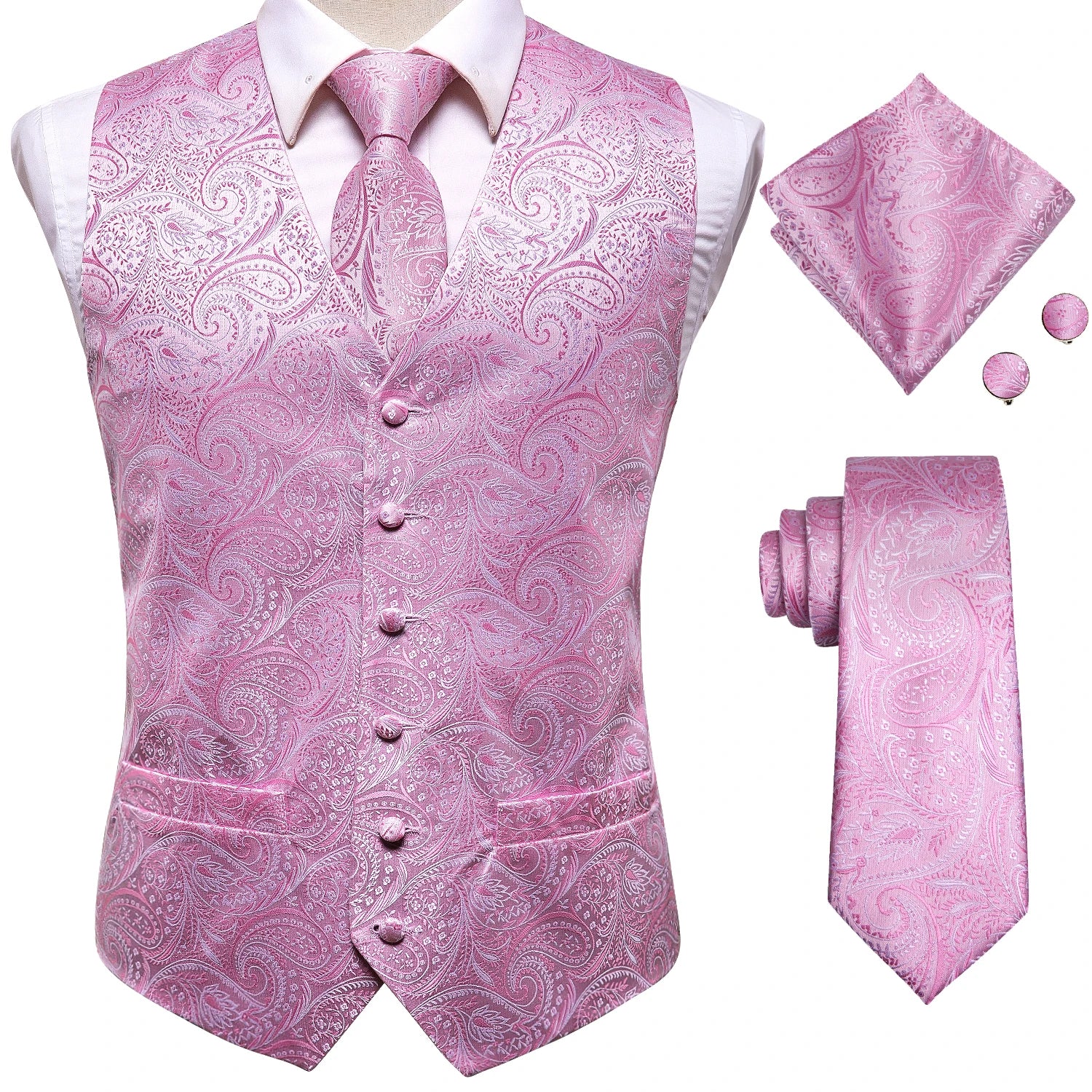 Mens Suit Vest Tie Hanky Cufflinks Jacquard Floral Paisley Waistcoat Qme