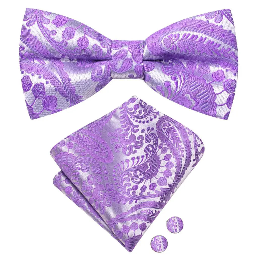 Purple Lilac Lavender Pansy Violet Silk Mens Bow Tie Hanky Cuffs Set Pre-tied Butterfly Knot Bowtie for Male Wedding Business Qme