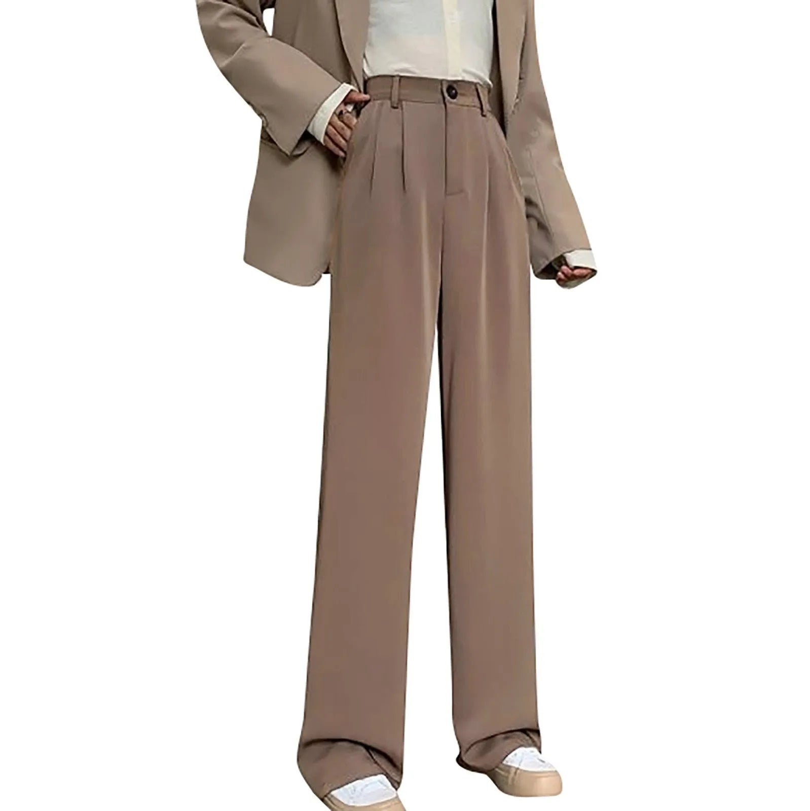 Solid Color High Waist Casual All-match Spring And Summer Daily Basic Commuting Suit Fabric Wide-leg Straight Pants For Ladies Qme Coffee XL