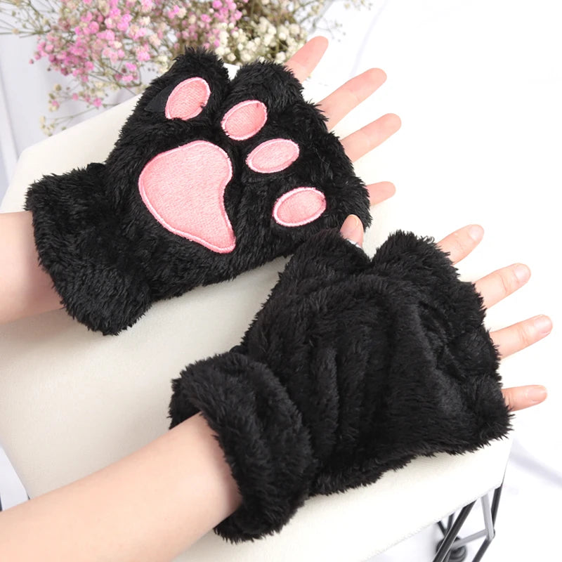 Women Cartoon Cat Claw Gloves Thickened Plush Lovely Bear Paw Exposed Qme