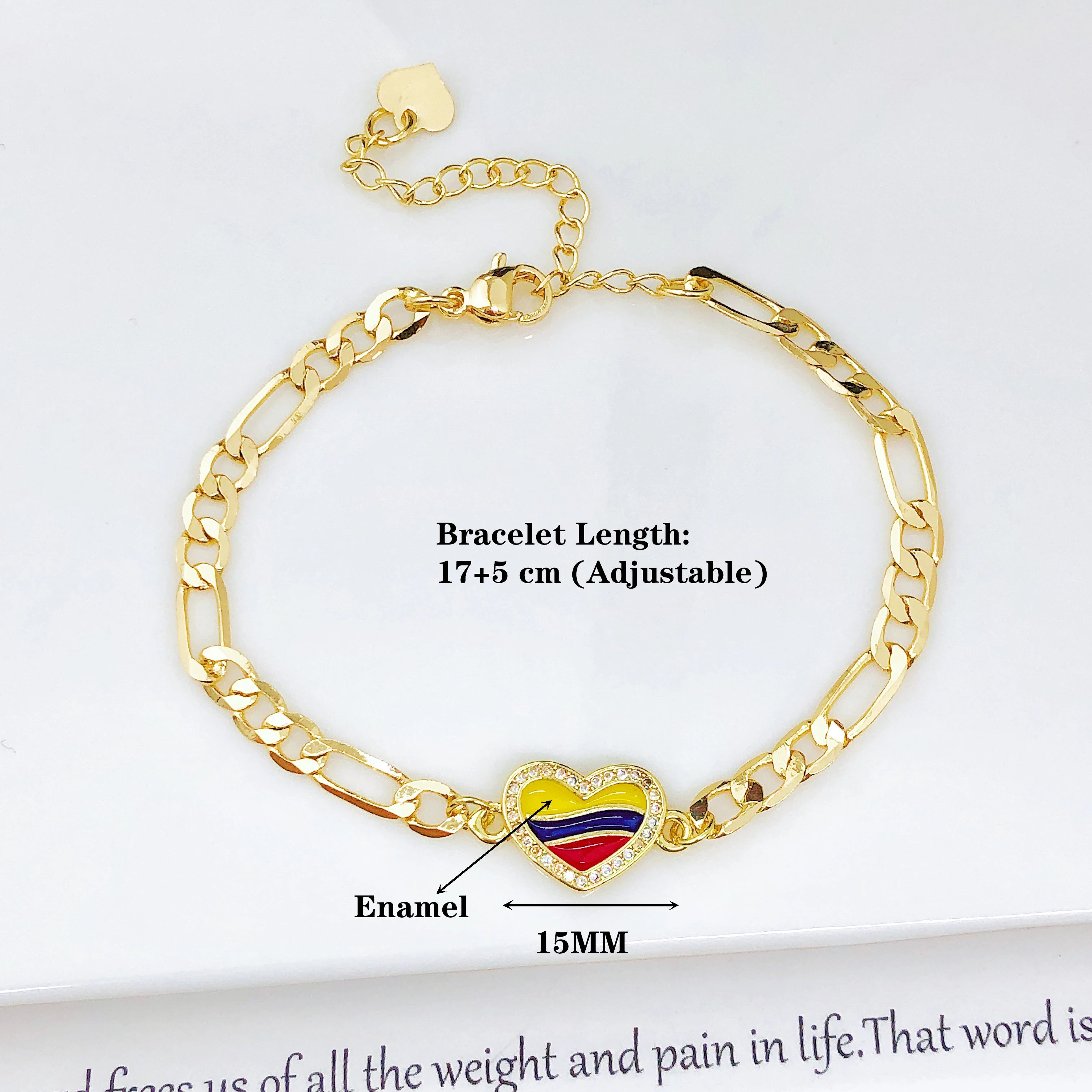 Adjustable Enamel Art Gold Plated Venezuela Colombia Flag Figaro Chain Bracelet for Men Women Holiday Anniversary Jewelry Gift Qme