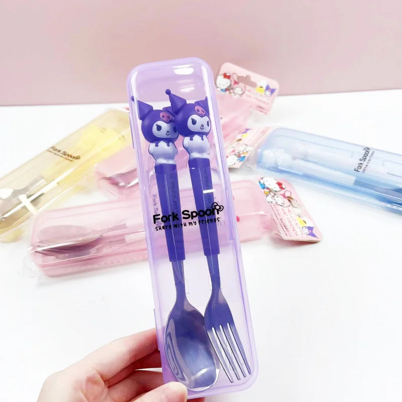 Hello Kitty Cartoon Children's Tableware Spoon Portable Two-Piece Set for Students Stainless Steel Fork and Spoon Set Qme