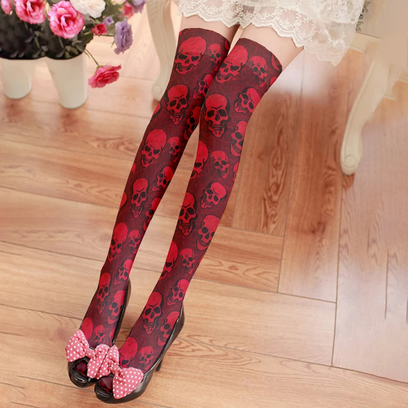 Fun Skull Pattern Women's Long Stockings Fashion Printing Trend Qme