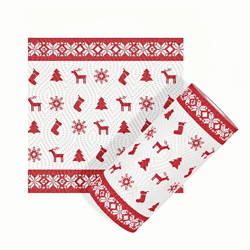 1 roll of Christmas kitchen paper Thickened three-layer roll paper, disposable kitchen cleaning wet and dry household - lazy rag Qme Red Christmas