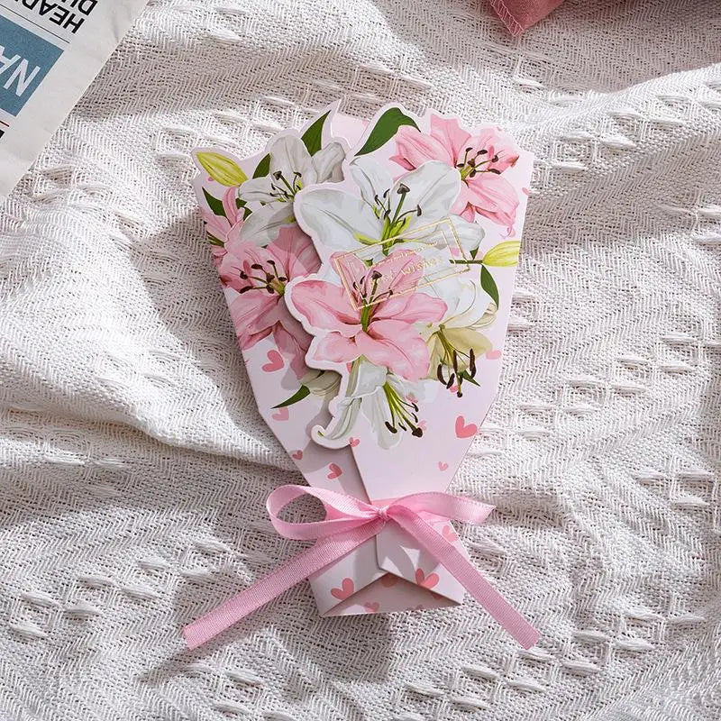 3D Bouquet Bow Hot Stamping Greeting Card Valentine's Day Wedding Bouquet Invitation Letter Holiday Blessing Gift Message Card Qme lily Bl