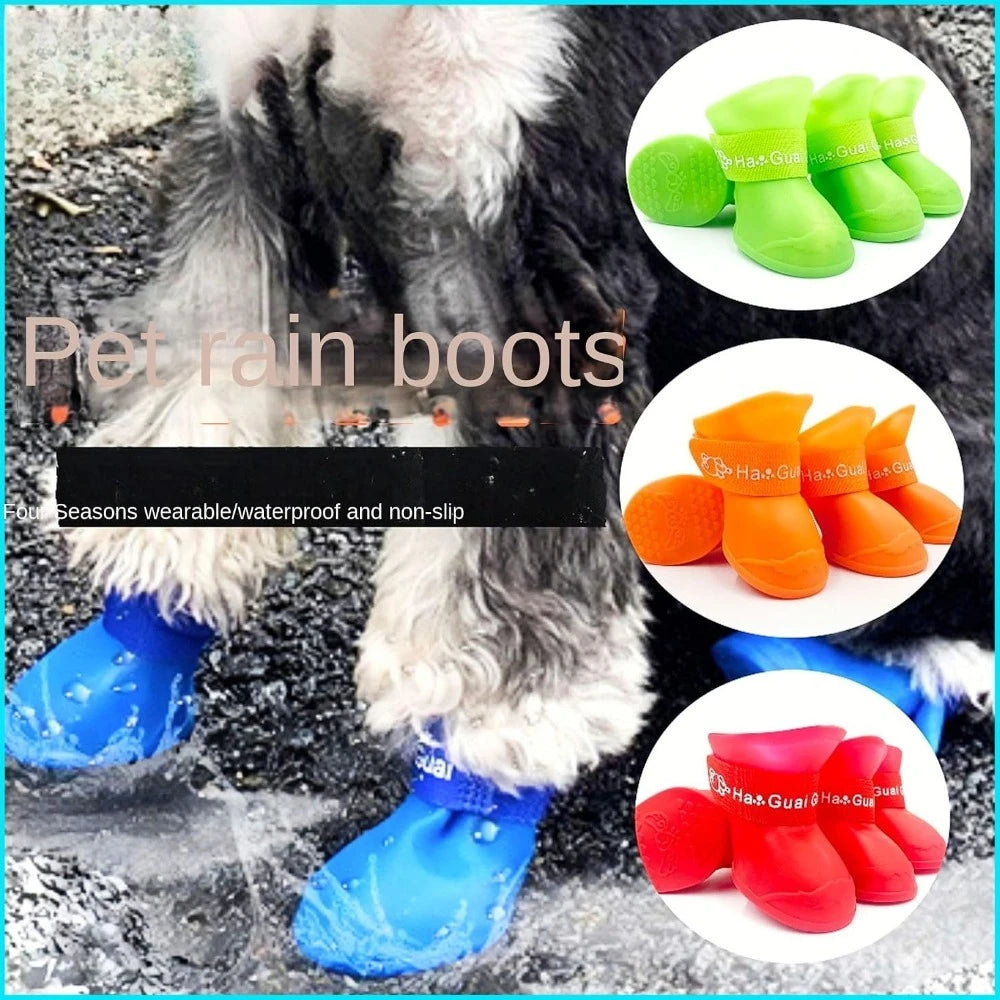 Waterproof Silicone Dog Rain Boots Colorful Pet Shoes Anti-slip Puppy Foot Protector Adjustable Strap Outdoor Walking Booties Qme