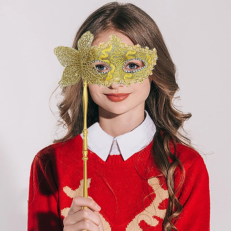 Halloween Party Mask With Holding Stick Evening Prom Masquerade Mask Stage Cosplay Props Half Face Masks For Women Qme