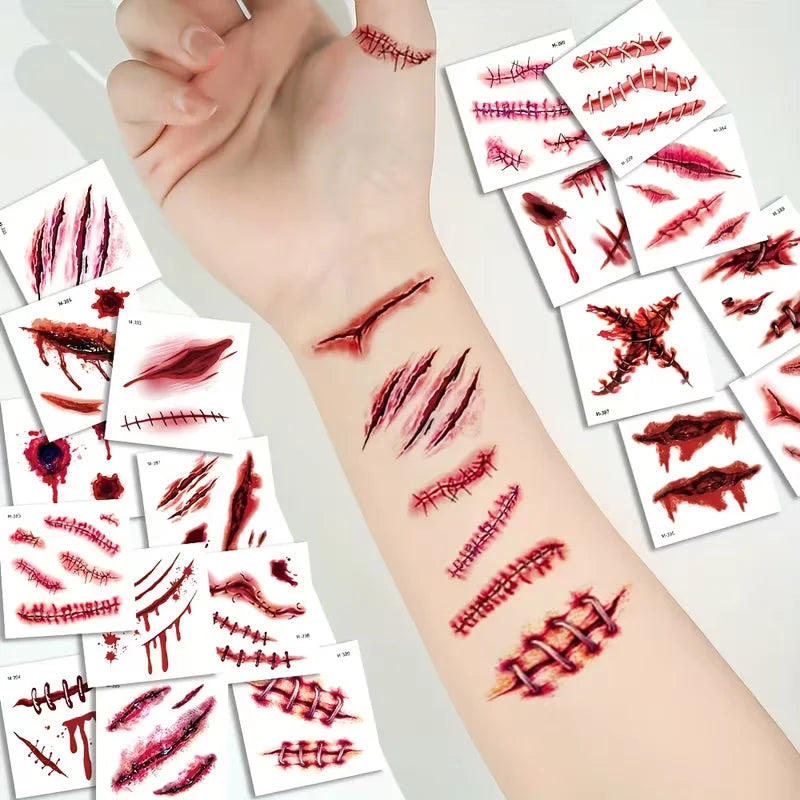 20 Sheets 3D Realistic Scar Tattoos Waterproof Fake Bloody Wound Qme