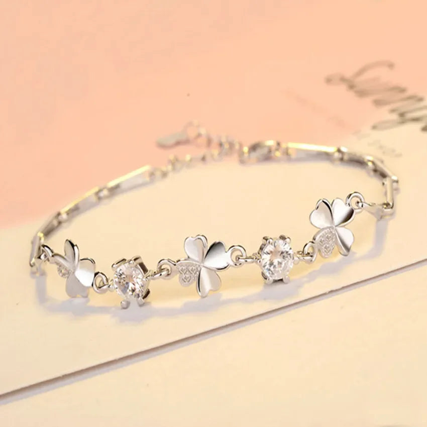Fine 925 Sterling Silver Zircon Lucky Clover Bracelets crystals chain For Women cute noble Wedding party Jewelry Qme