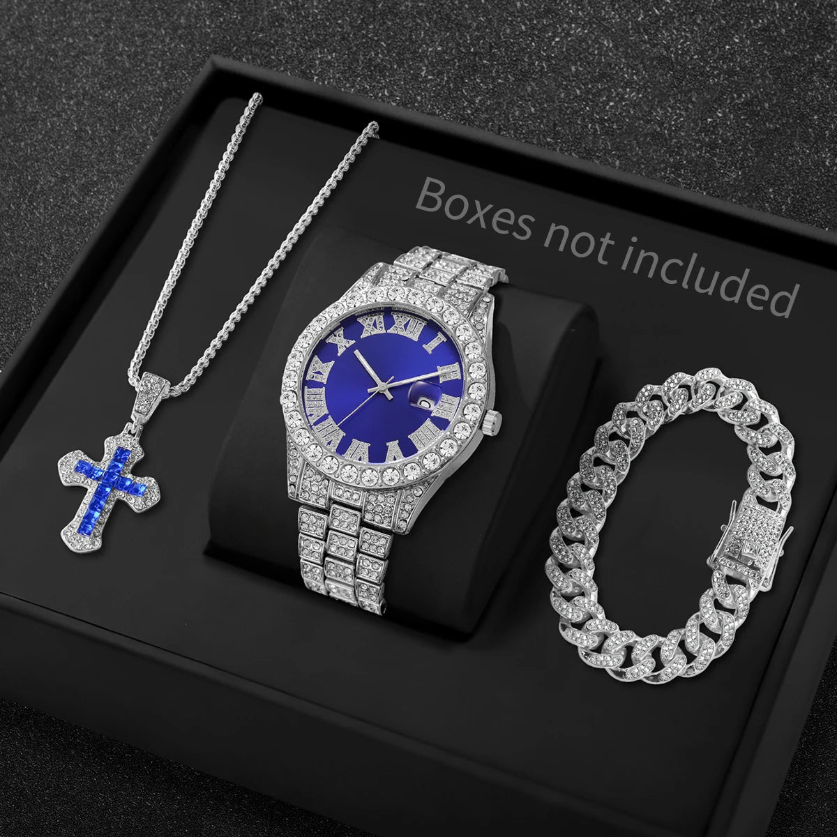 Men Iced Watch Set Red Crystal Cross Necklace Diamond Cuban Bracelet Qme Silver Blue No Box