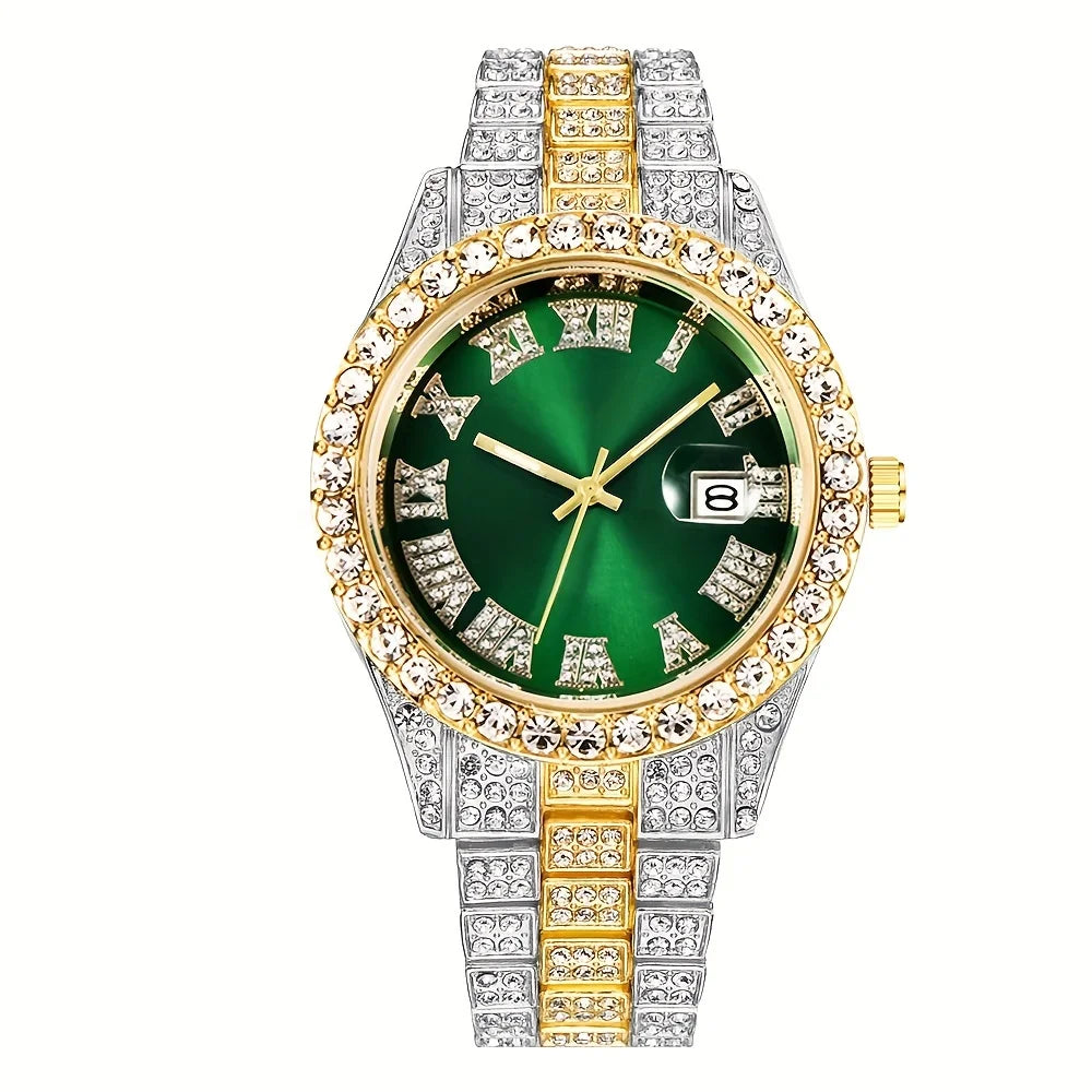 Mens Hip Hop Watch VintagInspired Retro Quartz Timepiece with Oversized Rhinestone Dial and Durable Stainless Steel Band for Men Qme green