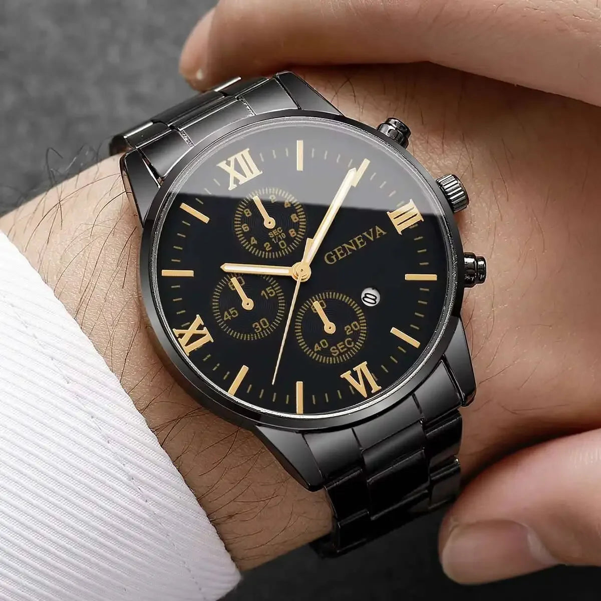 Business Fashion Three-Calendar Men's Watch Steel Band Glass Quartz Qme