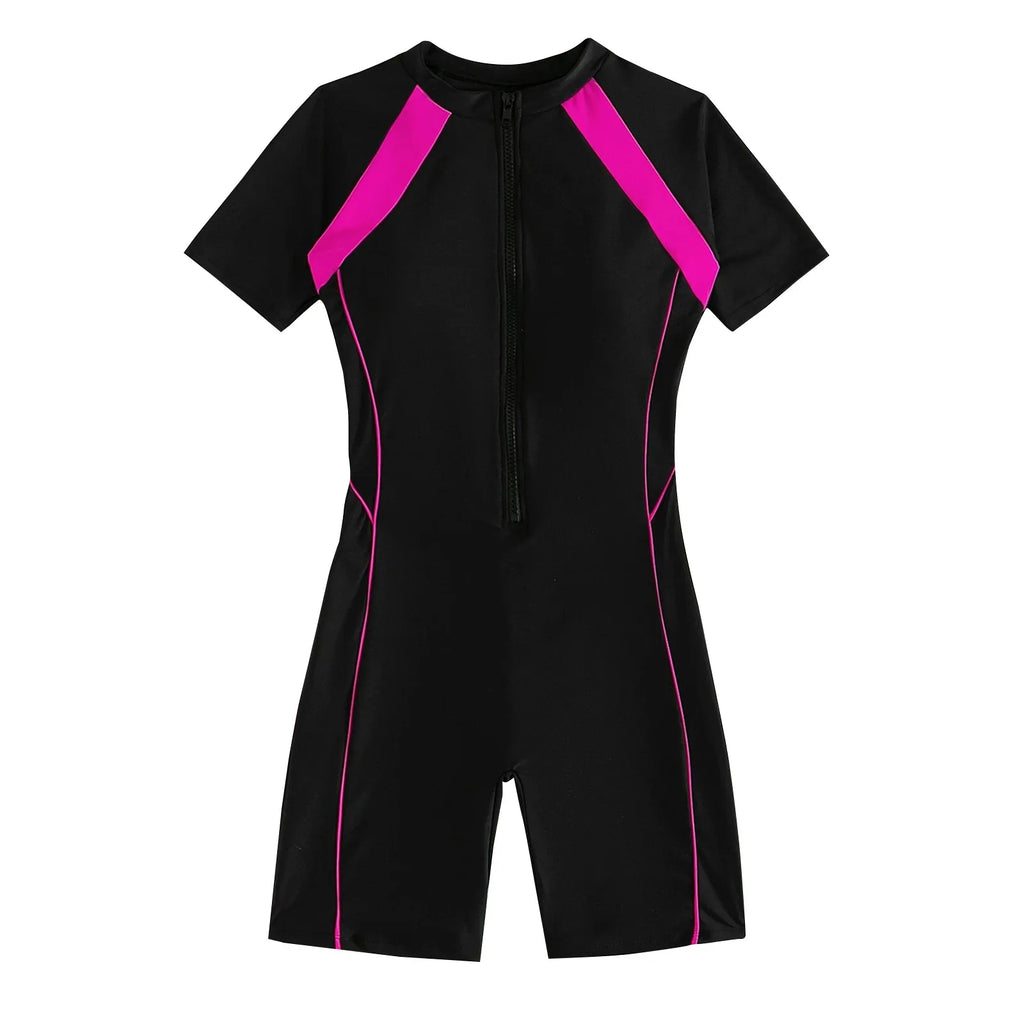 Female Summer One-piece Solid Color Patchwork Flat Angle Short Sleeved Zippered Swimsuit Sun Protection Quick-Drying Swimwear Qme