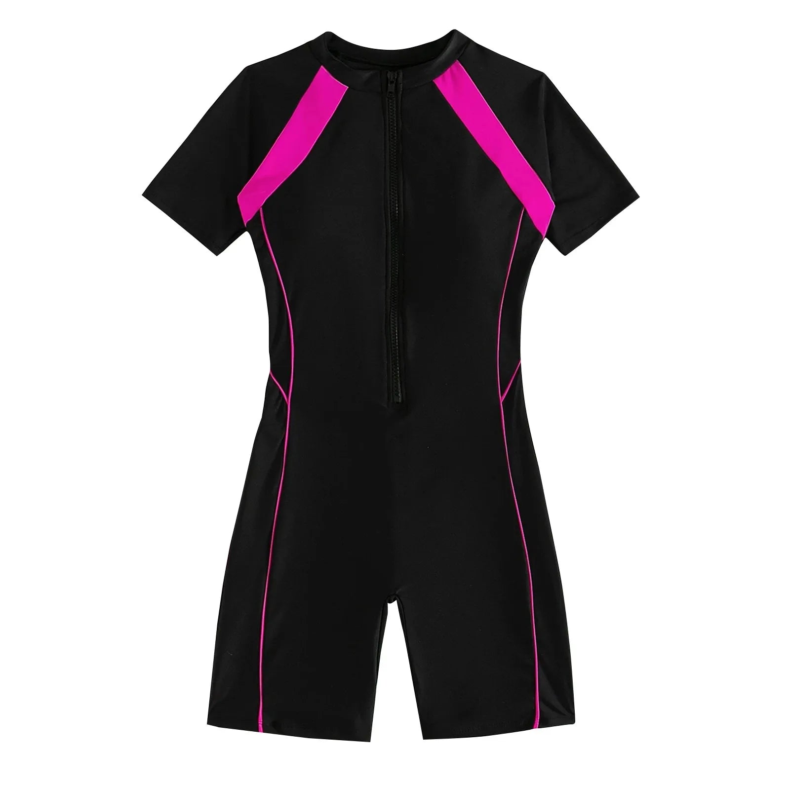 Female Summer One-piece Solid Color Patchwork Flat Angle Short Sleeved Zippered Swimsuit Sun Protection Quick-Drying Swimwear Qme