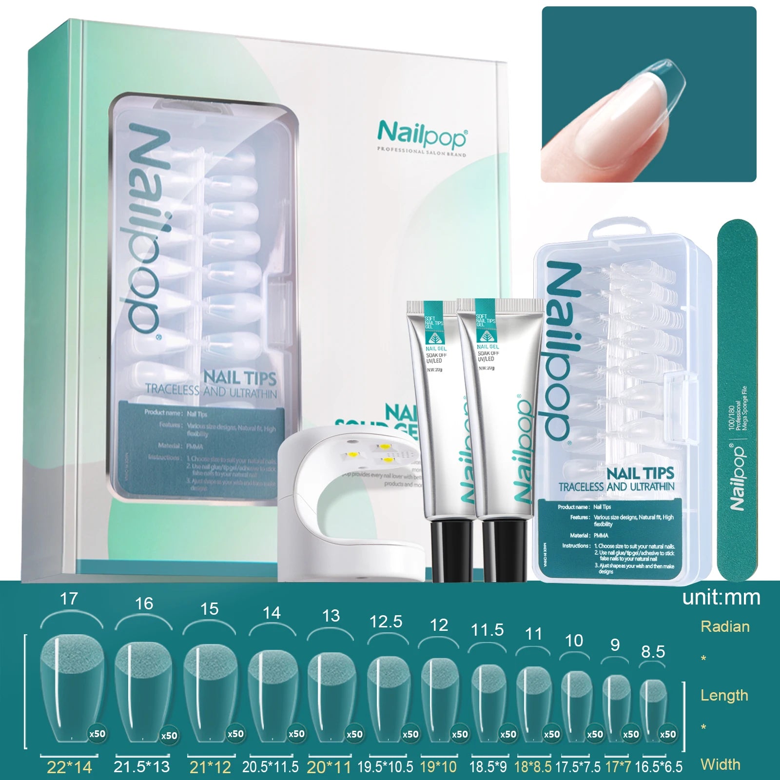 Nailpop Salon Nail Soft Gel Polish UV LED Lamp Tips Double File DIY Qme MJT-SET-BS16
