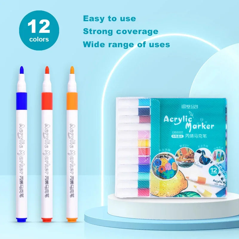 Acrylic Paint Marker Set - 12/24/36/48/60/80 Colors, Non-toxic, Waterproof, Suitable for DIY, Artists, Office Supplies Qme 12Colors