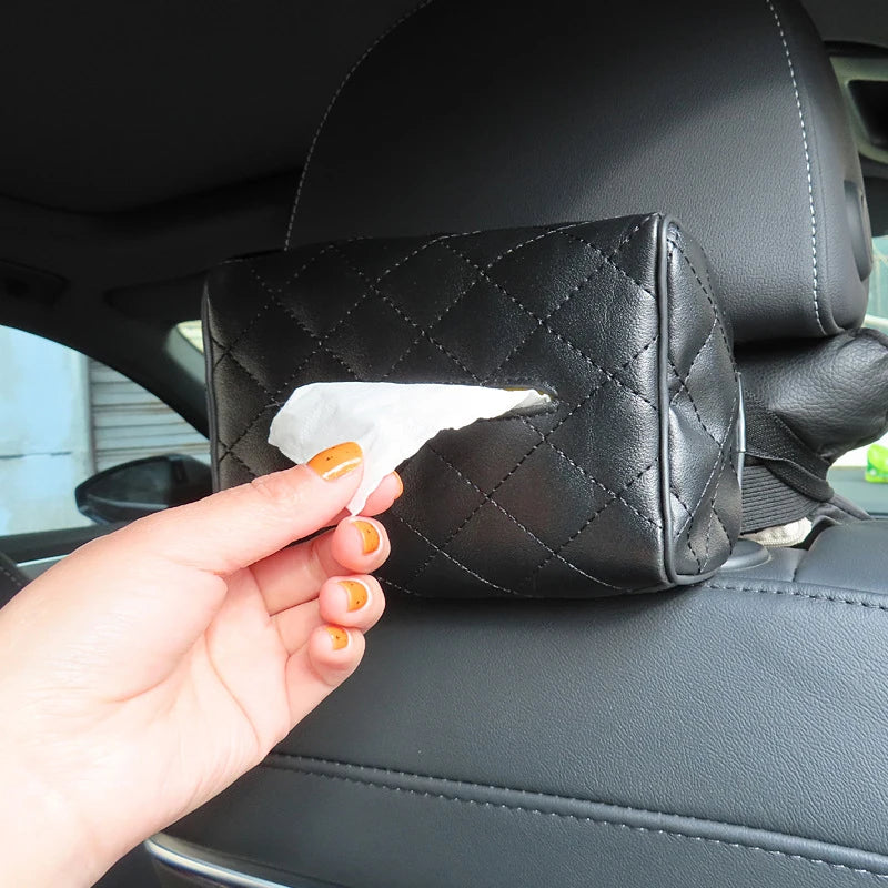Solid Color Checkered Leather Wear-Resistant Tissue Box Car Seat Back Sunshade Hanging Tissue-Bag Buckle Strap Easy Installation Qme