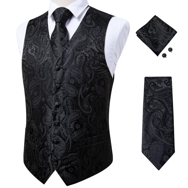 Men's Luxury Paisley Suit Vest & Tie Set – Formal Waistcoat with Necktie Pocket Square, Perfect for Weddings and Business Events Qme MJ-0109 M
