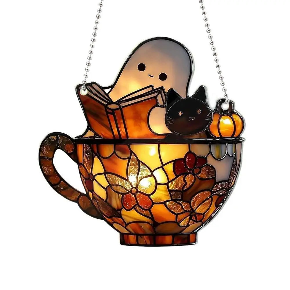 2D Halloween Ghost Reading Book Suncatcher Hanging Decor Acrylic Window Hanging Ornament Colorful Shadow Home Decorations Qme B