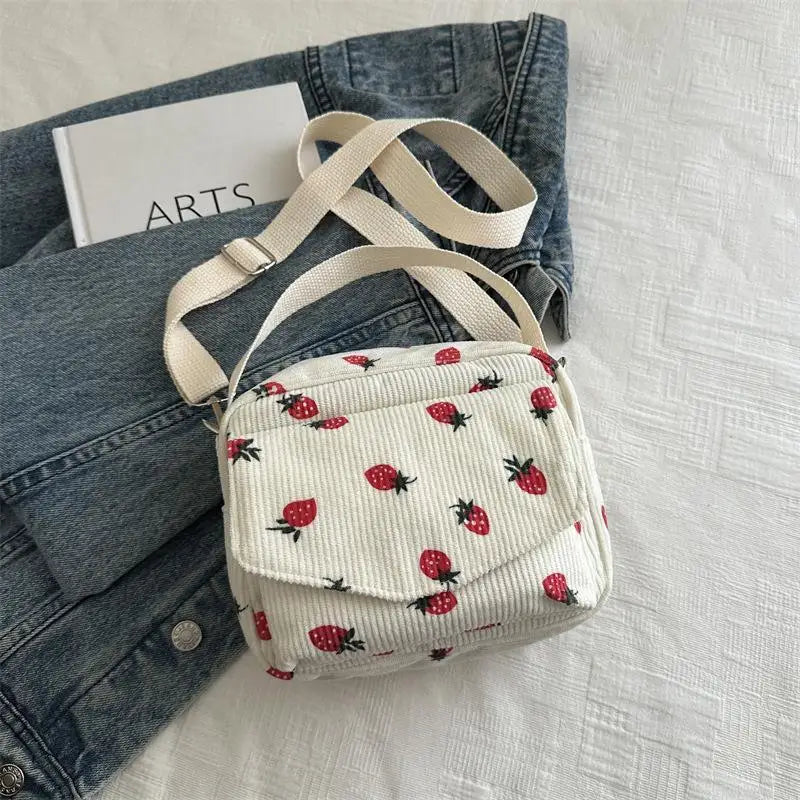 Strawberry Pattern Messenger Bags Corduroy Women's Small Shoulder Bag Teenager Girl Crossbody Bag Cute Tote Student Square Bag Qme A2