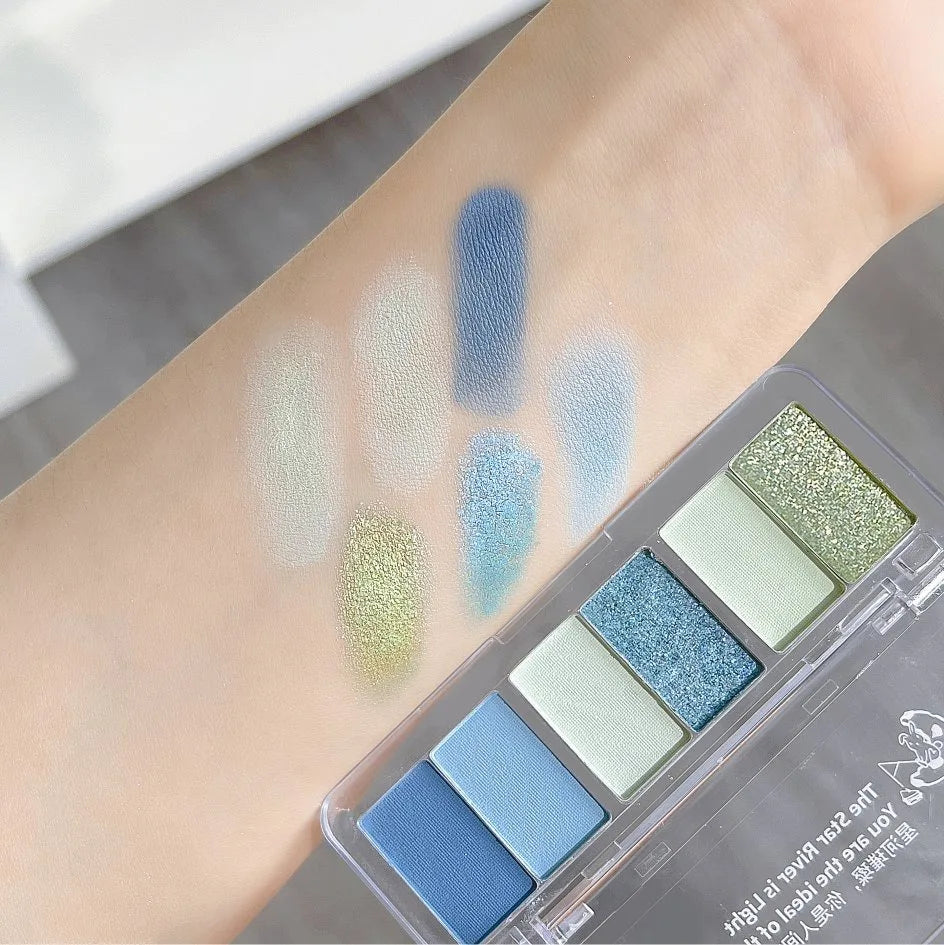 6Color Glitter Eyeshadow Strip Palette Brightening Waterproof Matte Gradient Blue-green Summer Lying Silkworm Eye Pigment Makeup Qme
