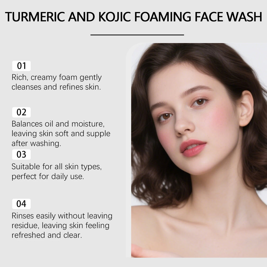 Turmeric & Kojic Acid Foaming Face Wash Brightening Oil Control Gentle Cleaning Face Daily Cleanser for Pore Care All Skin Types Qme