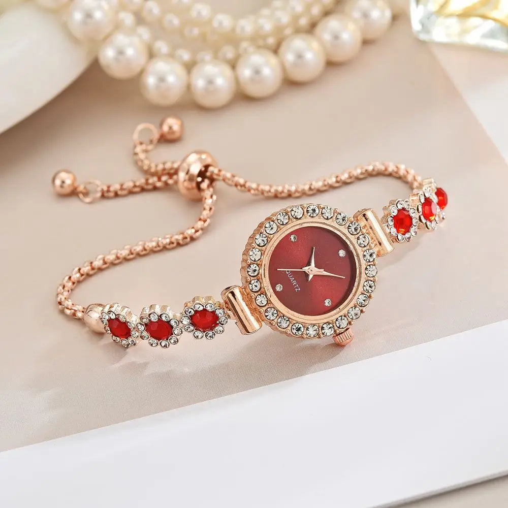 Fashion Rhinestone Women Watches Diamond Flowers Bracelet Ladies Quartz Wristwatch Qme Red