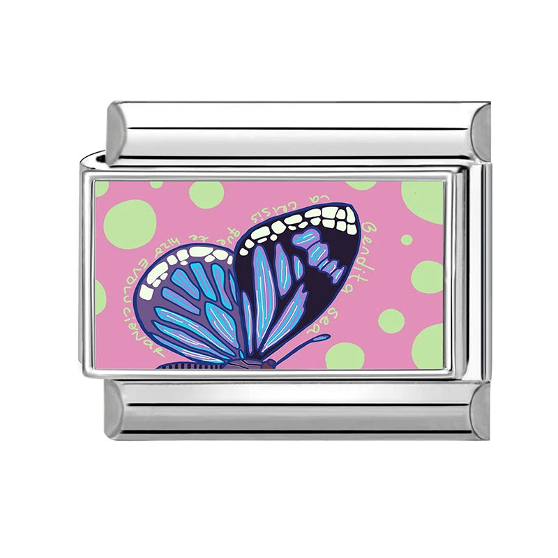New Y2K Colorful Flowers Butterfly Bees Rose Dogs Swan Italian Charm Links Fit 9MM Stainless Steel Bracelet DIY Making Jewelry Qme S 12