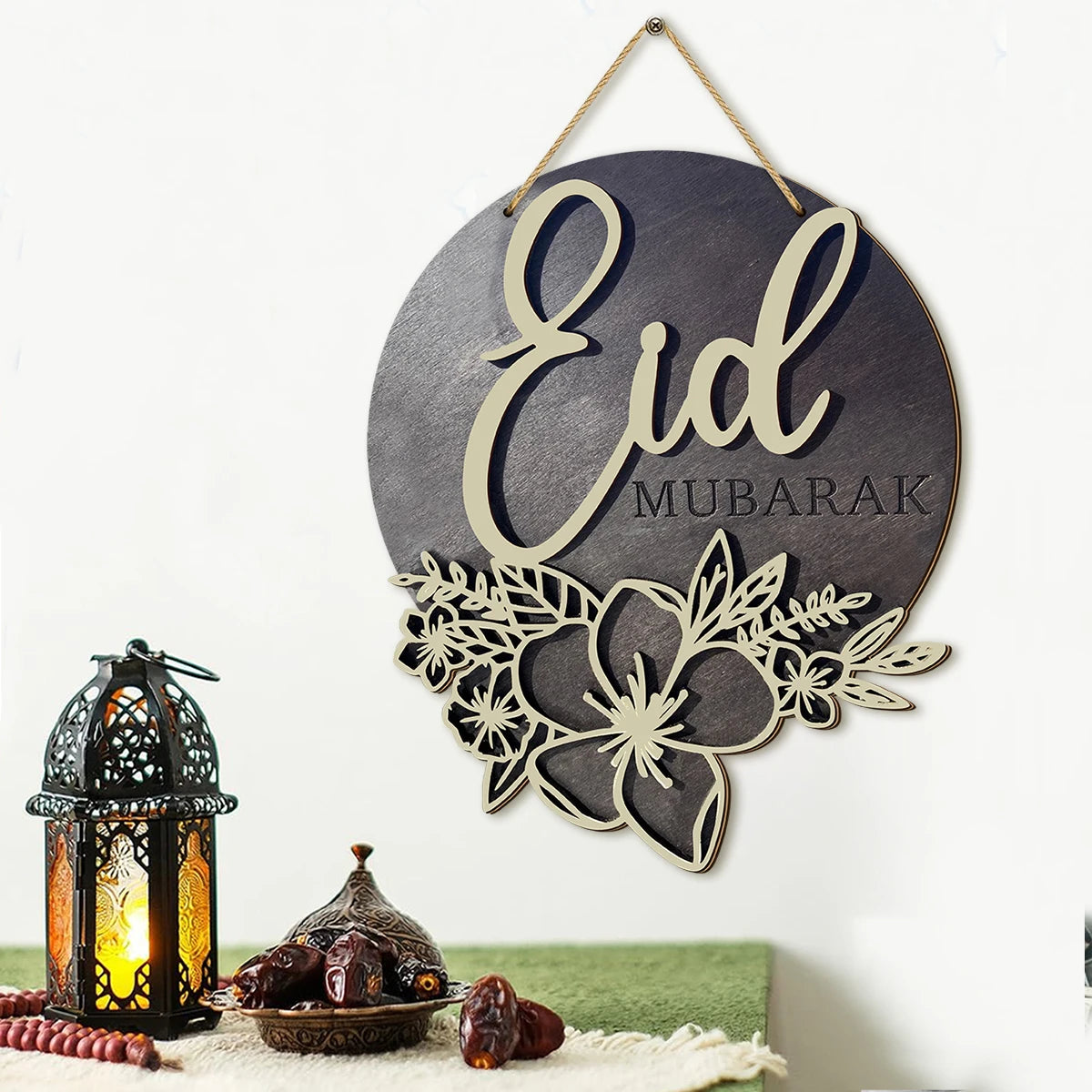 1PC Ramadan wooden wall decoration, Islamic style black Eid Mubarak hollow flower pattern, Eid al Fitr blessing decoration Qme