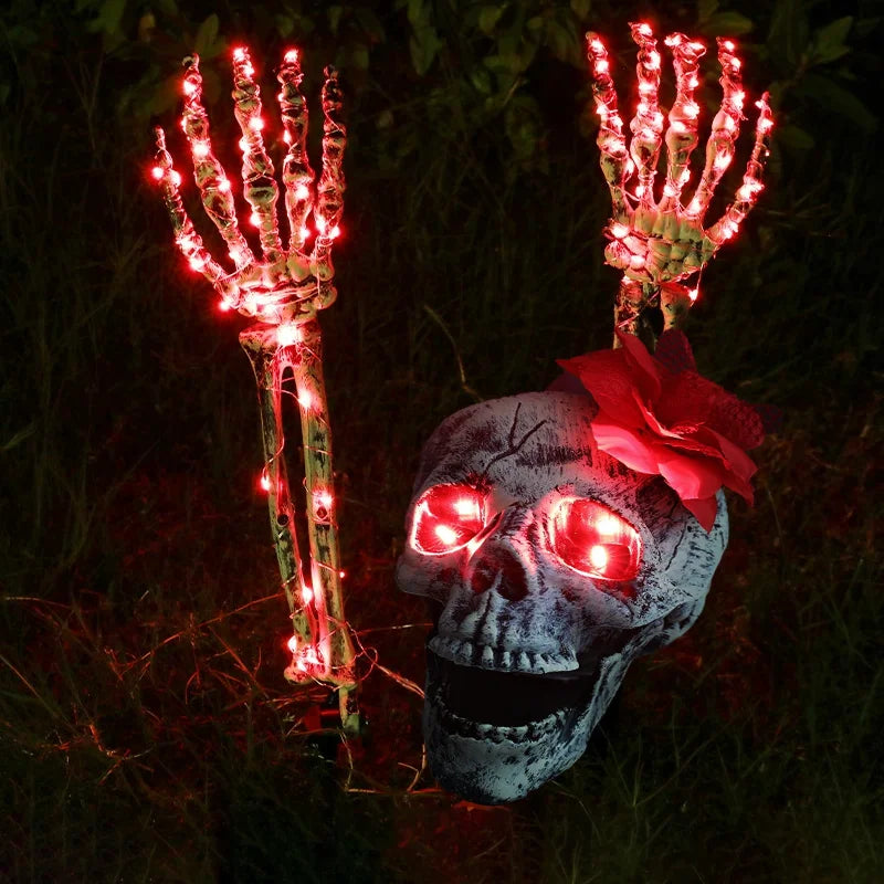 Luminous Skull Skeleton Halloween Prop Realistic Ghost Hand Scare Festival Decor Haunted House Garden Party Halloween Decoration Qme Red 3pcs Set