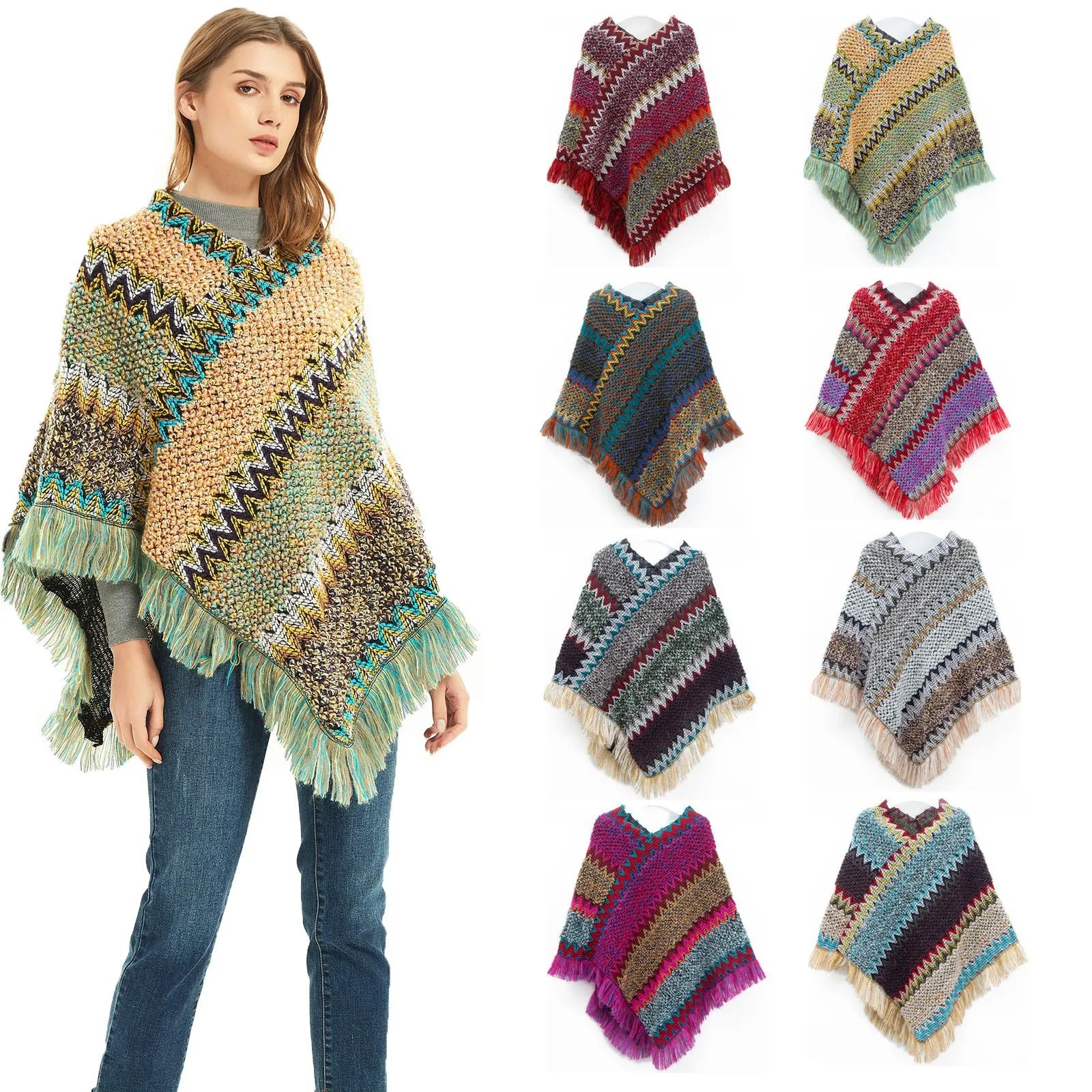 Women Ethnic Style Knitted Cardigan Cape Poncho Wrap Retro Tassel Shawl Stole Cloak Travel Warm Shawls And Wraps Pashmina Qme