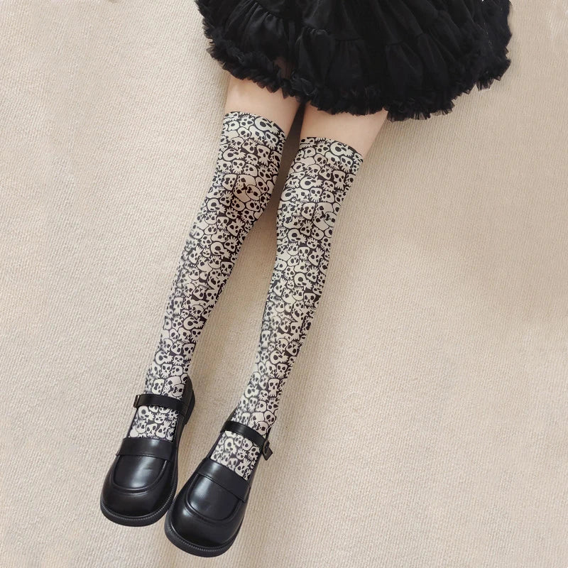 Fun Skull Pattern Women's Long Stockings Fashion Printing Trend Qme style2 One Size