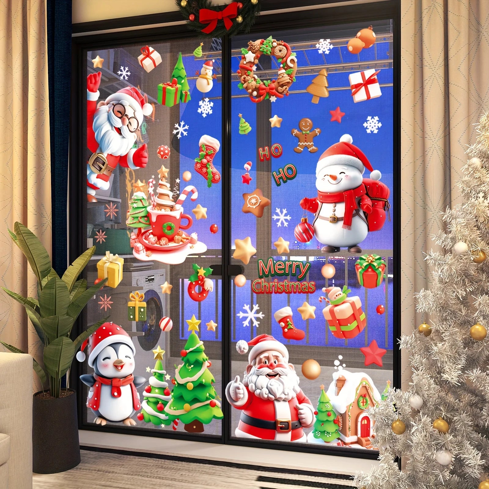 9 sheets/72 pieces, Santa Snowman glass stickers, Christmas tree refrigerator decoration stickers, double-sided window stickers, Qme