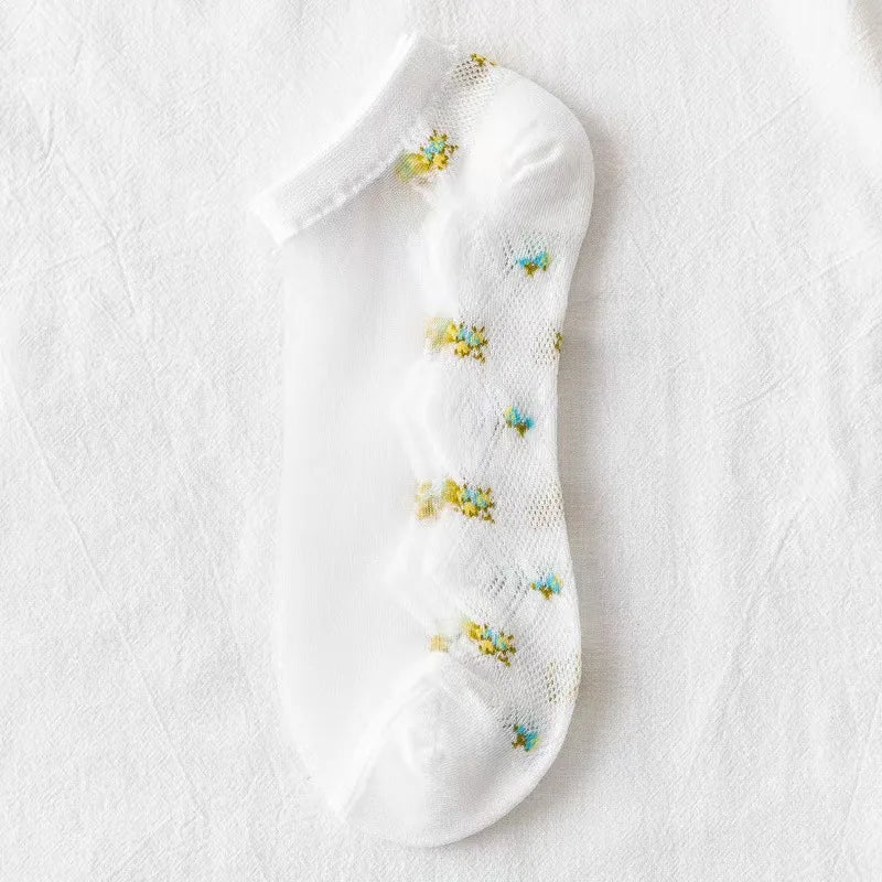 Women Fashion Summer Glass Stockings Thin Small Floral Card Silk Qme One Size white