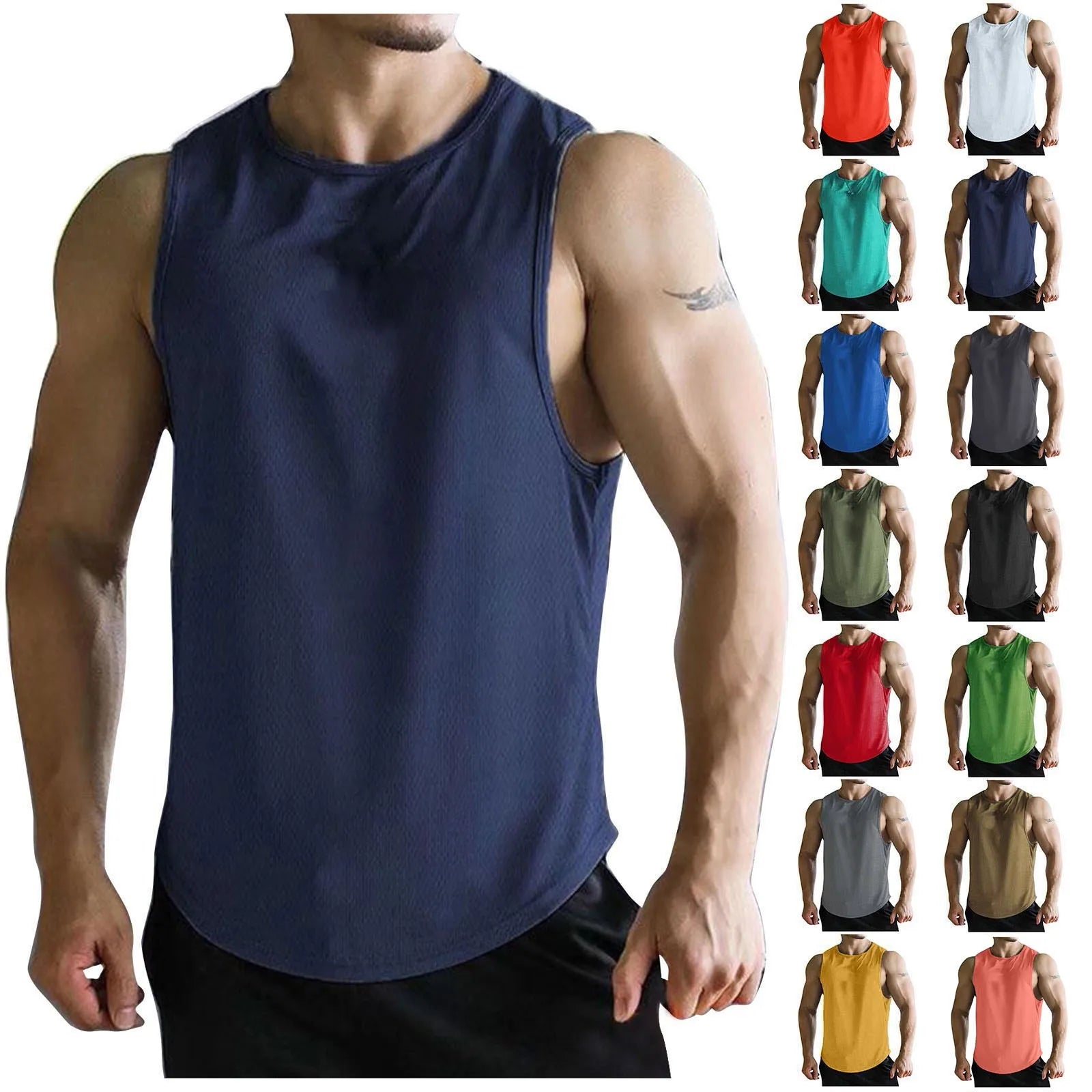 2026 Men’s Summer Solid Color Tight Vest Lightweight Breathable Quick-Dry Gym Muscle Fitness Bodybuilding Sleeveless T-Shirt Qme