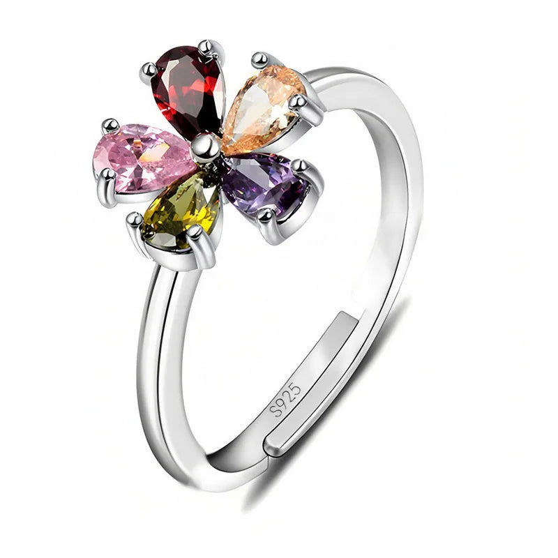 Beautiful Flower Shape Colorful Crystal 925 Sterling Silver Color Women Wedding Engagement Rings Fashion Party Finger Jewelry Qme