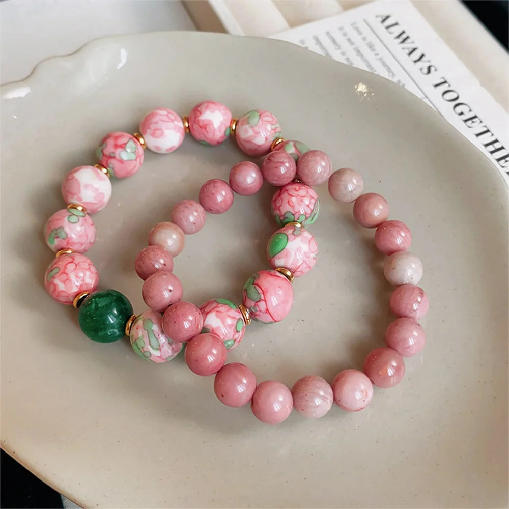 New Fashion Chinese Style Electroplated Pink Peach Blossom Series Ceramic Bead Bracelet Geometric Retro Luxury Design Bracelet Qme