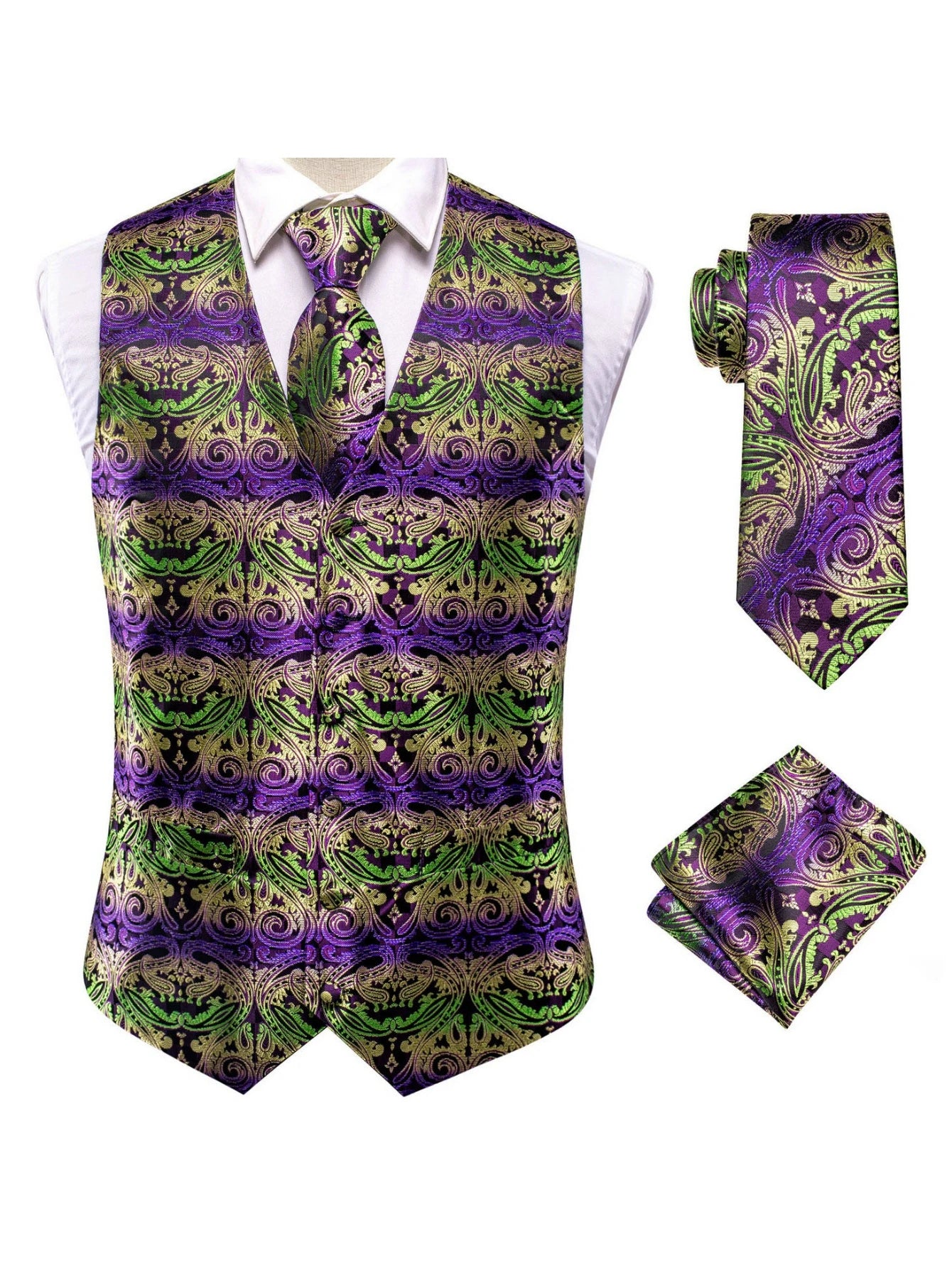 Purple Men Vest Three-Piece Suit Set, Dress Waistcoat with Tie and Pocket Square for Party Ceremony Qme MJ-3033 XXXL
