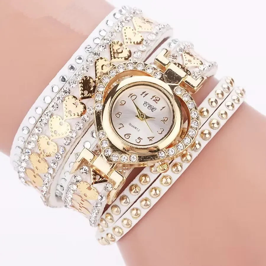 2026 Casual Fashion Korean Faux Fur Embellished Diamond Heart Watch Dial Bezel Bracelet Wristband for Women with Long Strap Qme