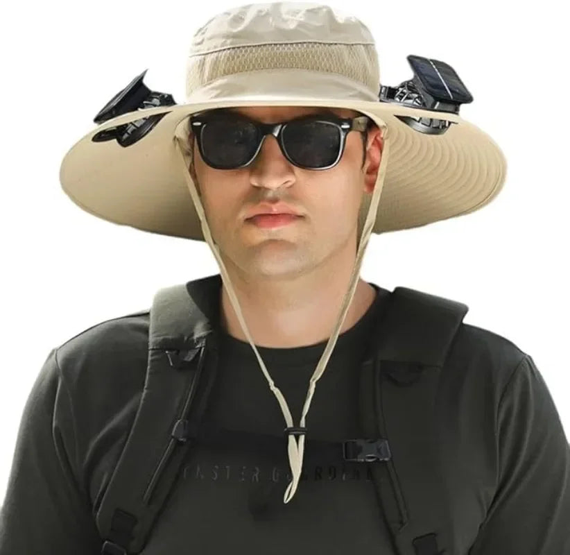 Solar Fan Bucket Hat Lightweight Breathable Wide Brim for Beach Gardening Hiking Rechargeable Via Sun or USB Cable for Men Women Qme Khaki