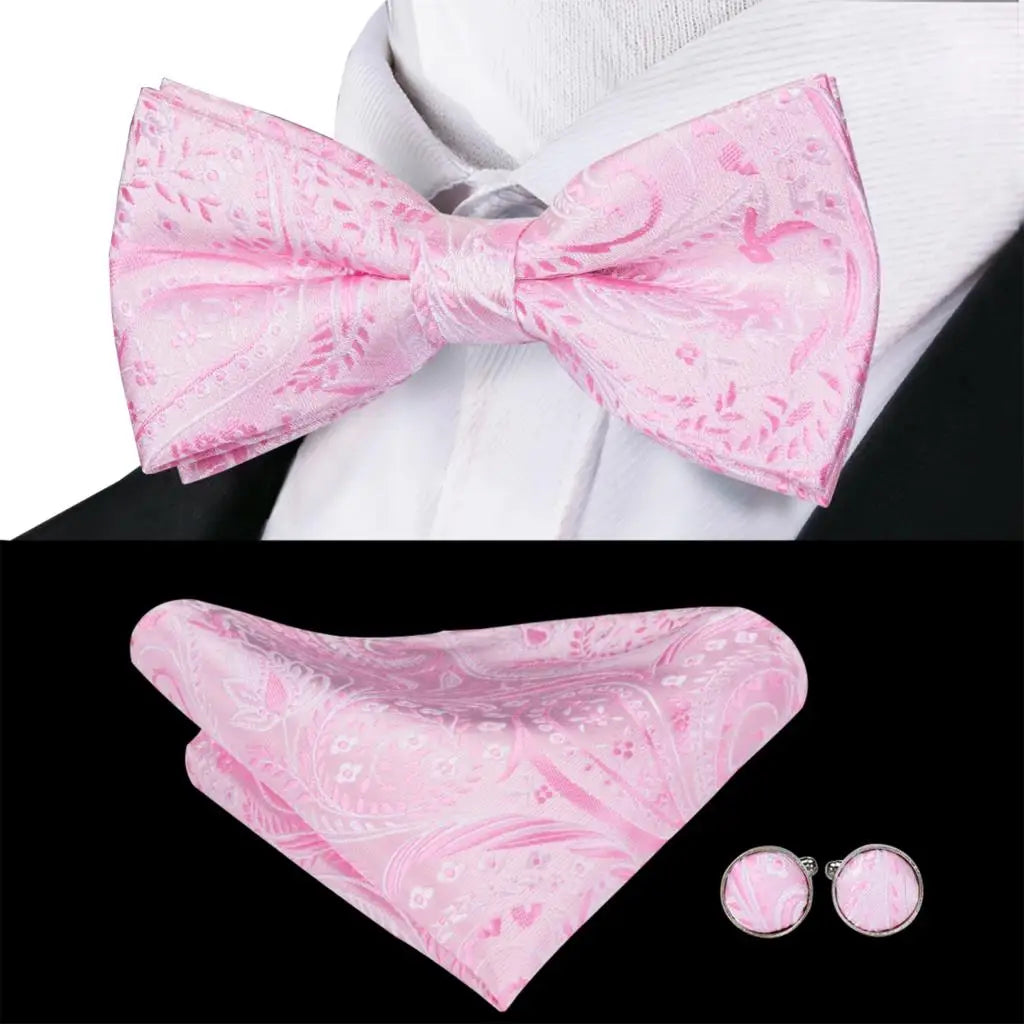 Peach Pink Salmon Rose Mens Bow Tie Pocket Square Cufflinks Pre-tied Qme LDLH0784