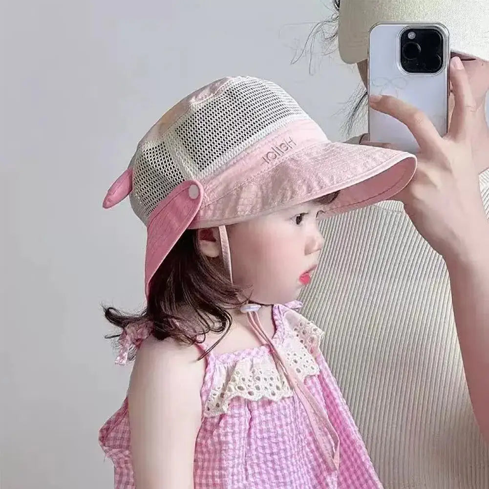 Summer Mesh Breathable Bucket Hats Cute Kids Sun Hat Wide Brim Beach Qme