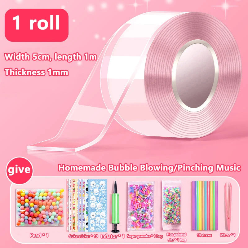 Kids Gifts PET Nano Glue DIY Blow Bubble Double Sided Tape Sticky Qme A4