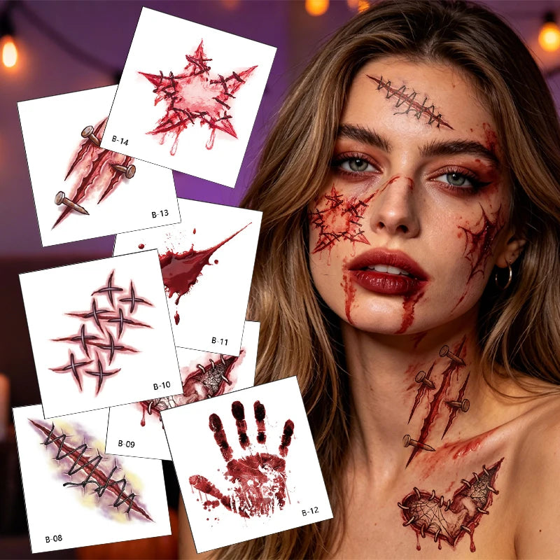 Halloween Horror Realistic Bloody Stitched Scar Temporary Tattoos Qme