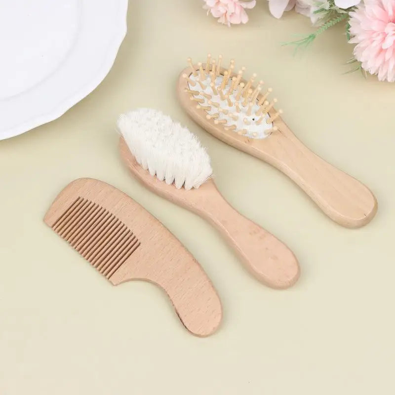 Infant Grooming 2 Beech Wood Baby Cushion Comb Wool Brush Newborn Qme 3pcs