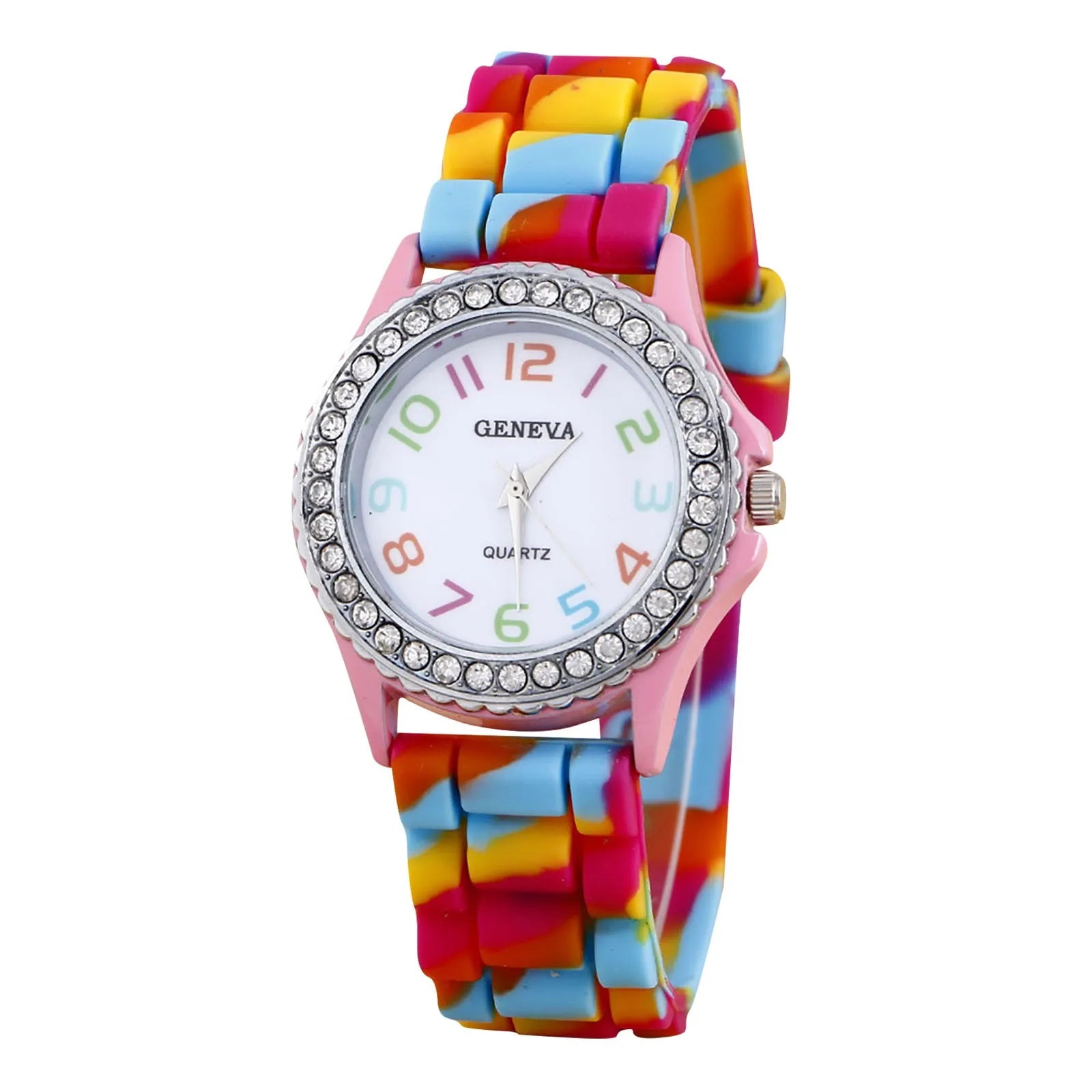 Girls’ Silicone Camouflage Watch Crystal Bling Quartz Wrist Watch Fashion And Cool Casual PU Strap Round Dial With Diamond Watch Qme I