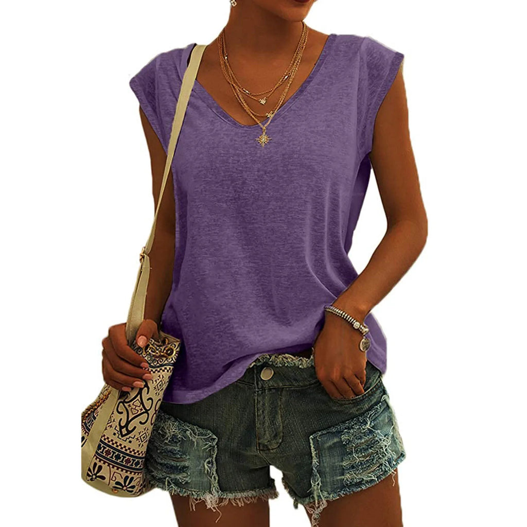 Women's Solid Color Minimalist Fashionable V-Neck Sleeveless T-Shirt Casual And Versatile Loose Summer Basics Street Tank Tops Qme Purple XXL