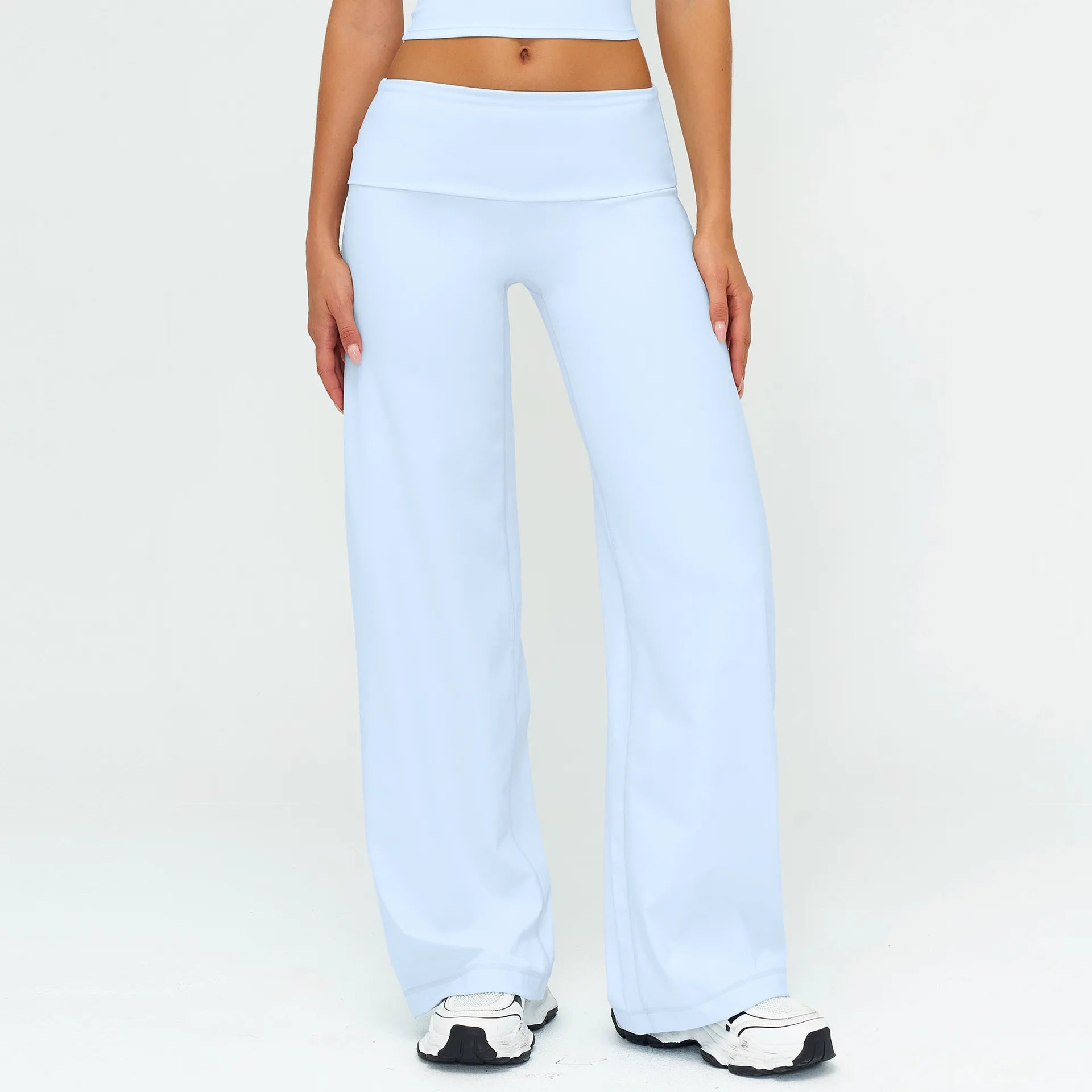 A Gym Pilates Running Workout Pants Women Low Waist Straight Leg Trousers with Fold Waist Nude Feeling Soft Yoga Underwear Qme Magic Blue M
